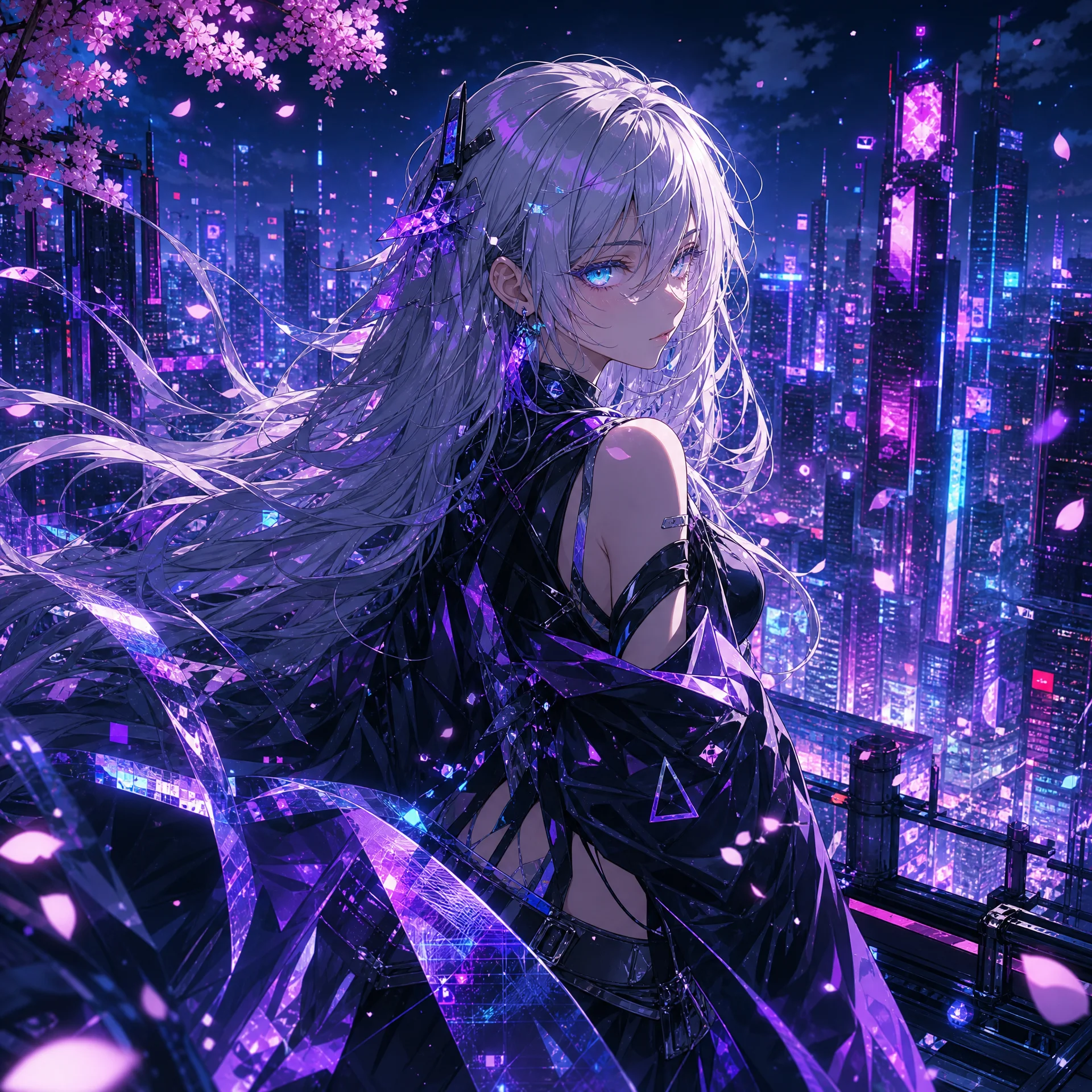 赛博朋克银发少女在霓虹城市楼顶的AI绘画作品